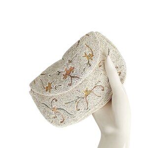 Small 1930s Vintage White Beaded Clutch Bag Purse With Embroidery Deco Era